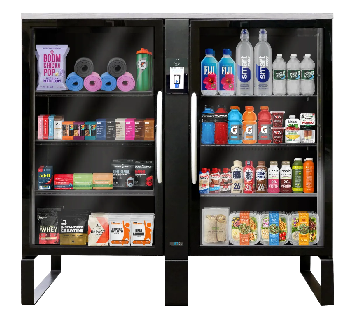 Stockwell 2.0 smart vending market — modern double-door smart cooler stocked with snacks and drinks